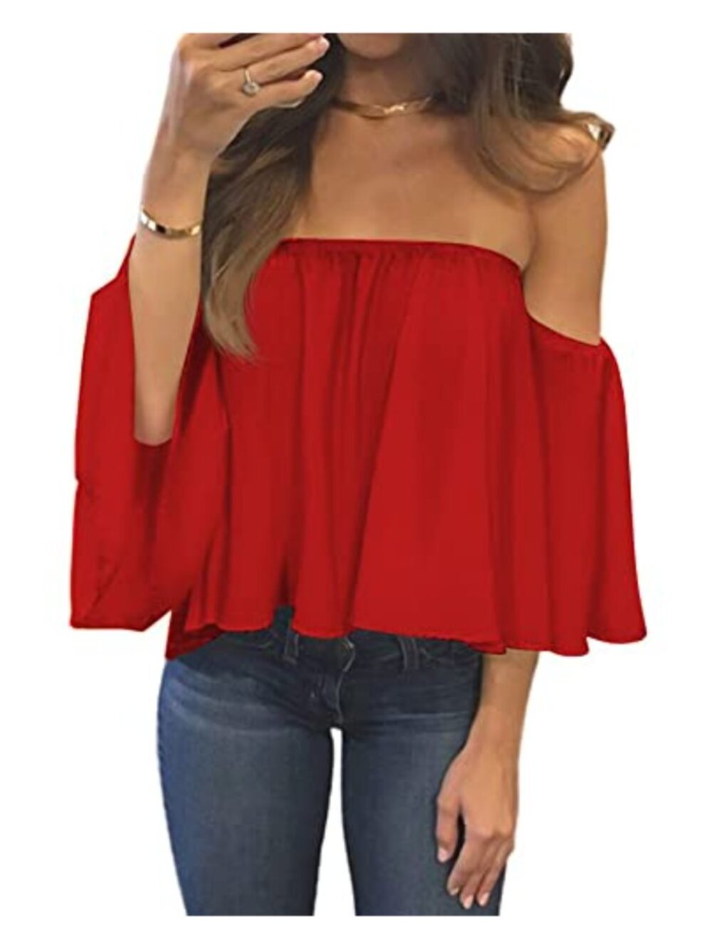 Women Off Shoulder Chiffon Blouse Ruffle Sleeve Casual Summer Top